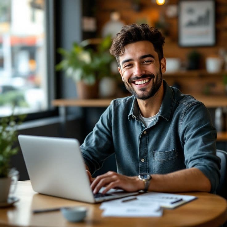 Man happily working on a computer, showcasing HR career advancement